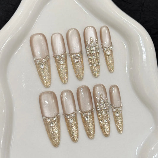 Press On Nails Glitter Gold Cat Eye Long Oval | 10pc Set Press On Nails Peaceful Pleasures Health and Wellness L