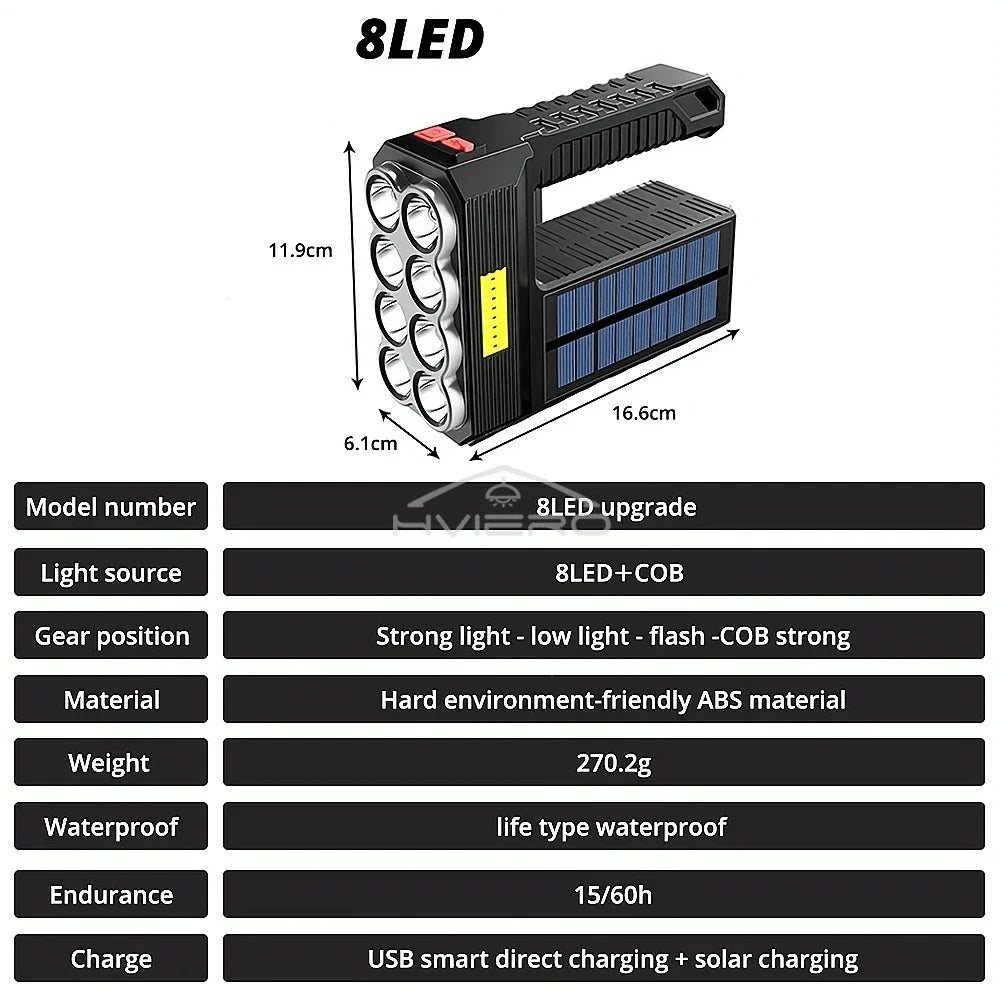 Solar LED Flashlight 8LED+COB Waterproof USB Rechargeable