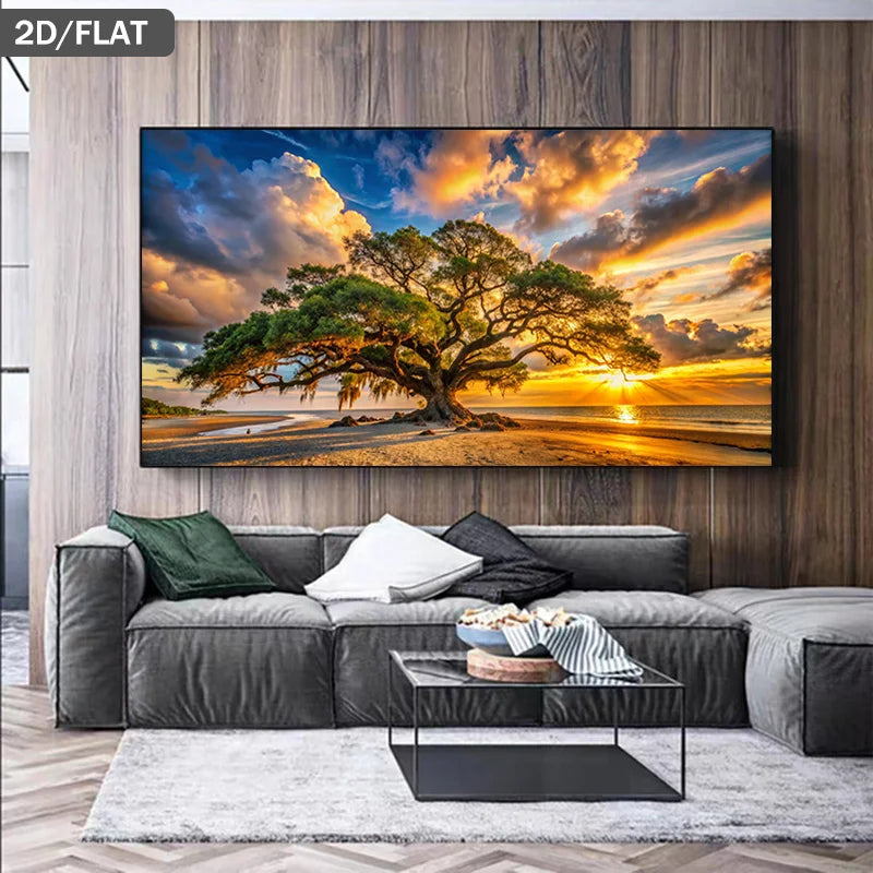 2D Flat, Frameless Canvas Art Depicting Sunset Behind A Tree on The Beach, Modern Wall Decor Perfect for Living Room and Bedroom Peaceful Pleasures Health and Wellness