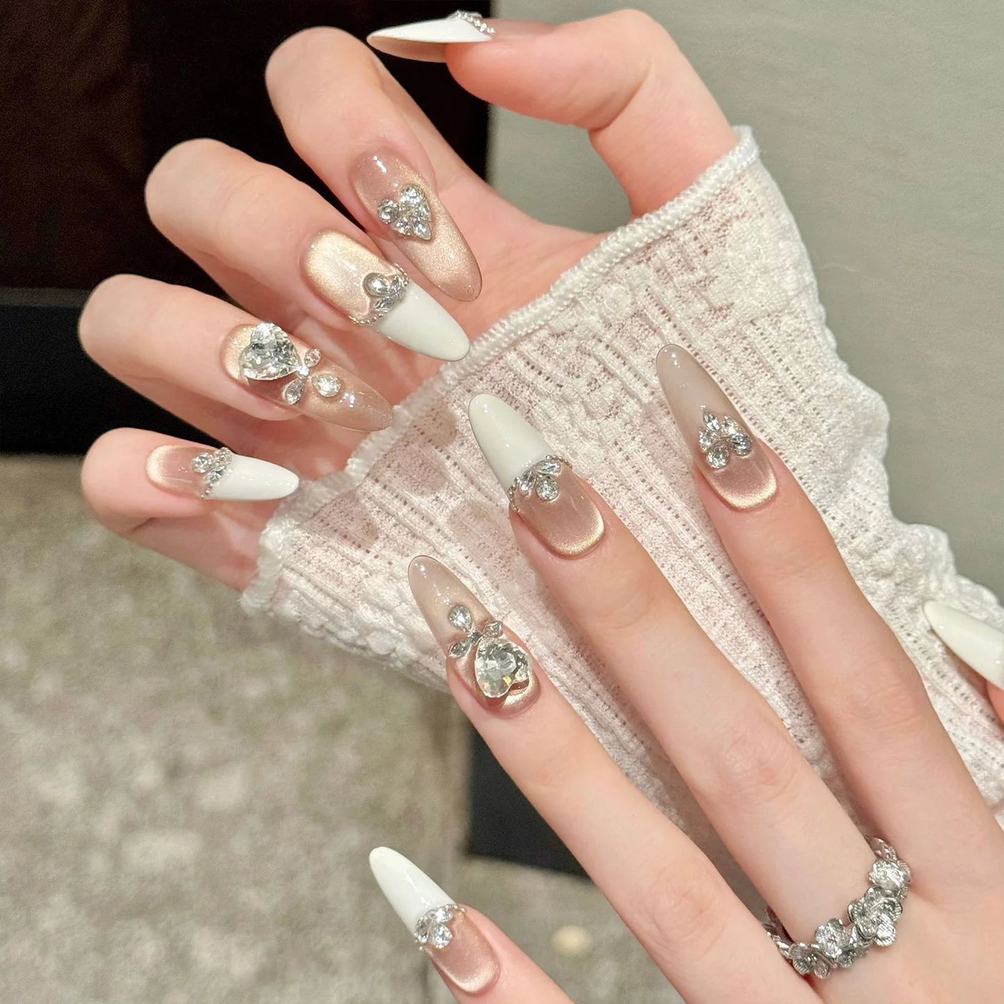 10pcs Handmade Light Luxury Press on Nails French Golden Cat's Eye False Nails Wearable Charming Love Diamond Decor Fake Nails Peaceful Pleasures Health and Wellness L