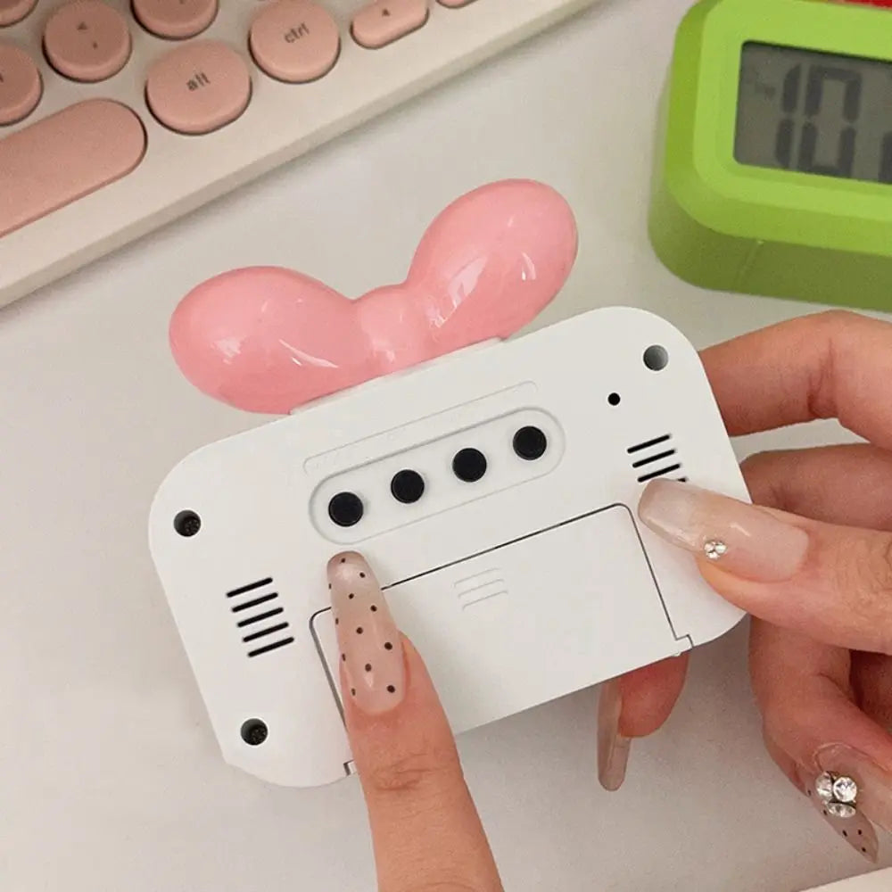 Cute Bowknot LED Digital Clock Temperature Detection Mini Alarm Clock with Night Light Gift Desktop Clock Bedside Decoration Peaceful Pleasures Health and Wellness