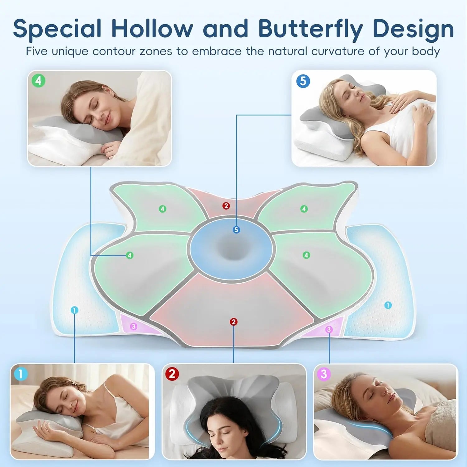 Butterfly-shaped pillow with special hollow design and people using it.