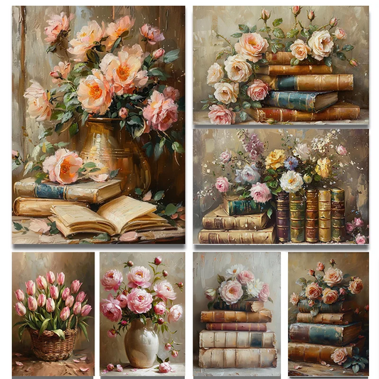 Books & Flowers Vintage Canvas Wall Art | Pink Farmhouse Print Canvas Wall Art Print Peaceful Pleasures Health and Wellness
