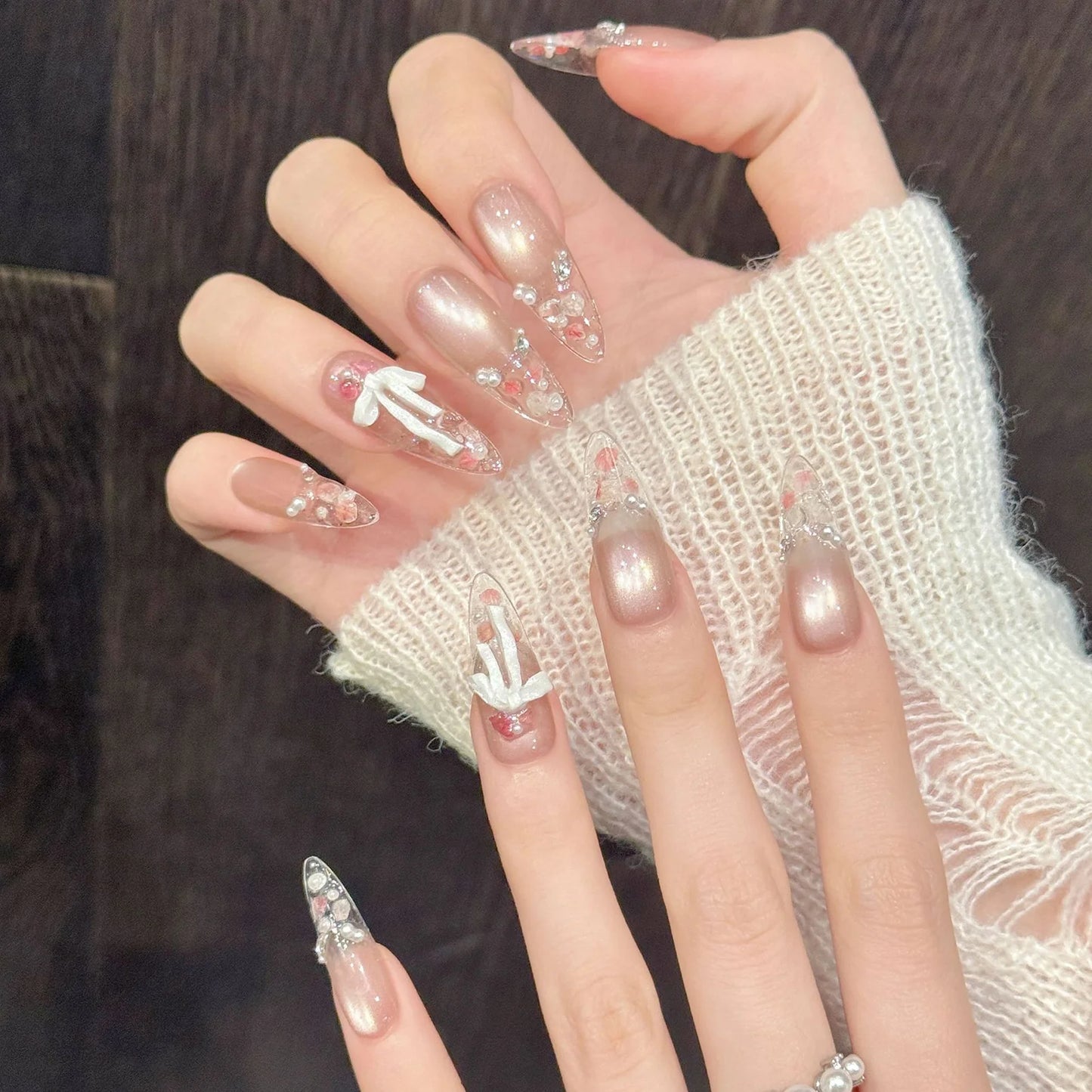 Handmade Press On Nails Flowers French Tip Almond False Nails With 3D Bow Rhinestones Decor Reusable Cat's Eye Fake Nails 10pcs Peaceful Pleasures Health and Wellness