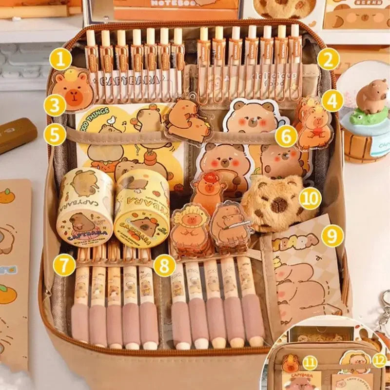 Capybara Stationery Set Cute Pencil Case With Pens Clips Rulers Sticky Note 10-Color Ballpoint Pen Pencil Organizer For Students Peaceful Pleasures Health and Wellness