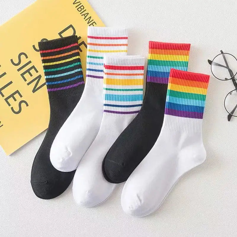 5 Pairs Men's Colorful Striped Casual Socks, Fashionable Sports Socks, Sweat Absorbing And Breathable, Suitable For All Seasons Peaceful Pleasures Health and Wellness 5 Pairs Mix 1 One Size