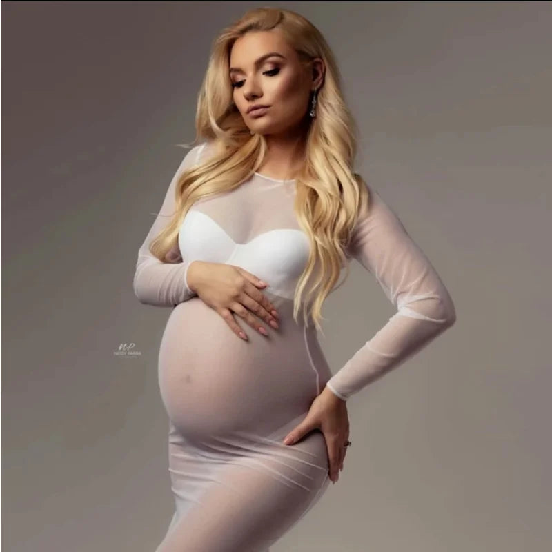 Tulle Bodysuit Pregnancy Dress Mesh Fabric Long Sleeve Stretch Women Maternity Outfit Slim Fit Style Skirt For Photo Shoot Peaceful Pleasures Health and Wellness
