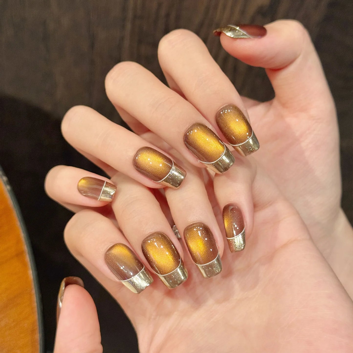 Caramel Brown Press-On Nails | Cat's Eye Green Diamond Y2K
