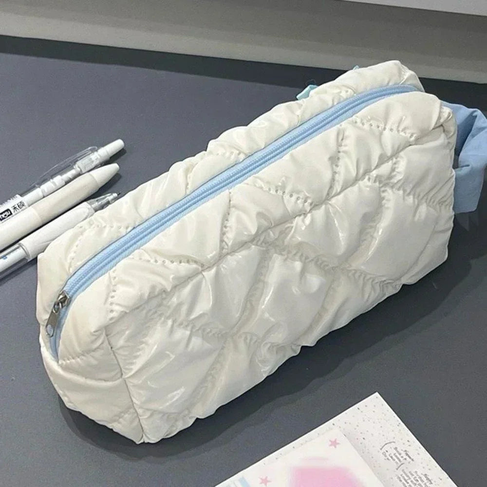 Blue White Bow Pencil Bag Large Capacity Stationery Bag Travel Storage Bag Women'S Cosmetic Bags Cute Design Girls Pencil Case Peaceful Pleasures Health and Wellness