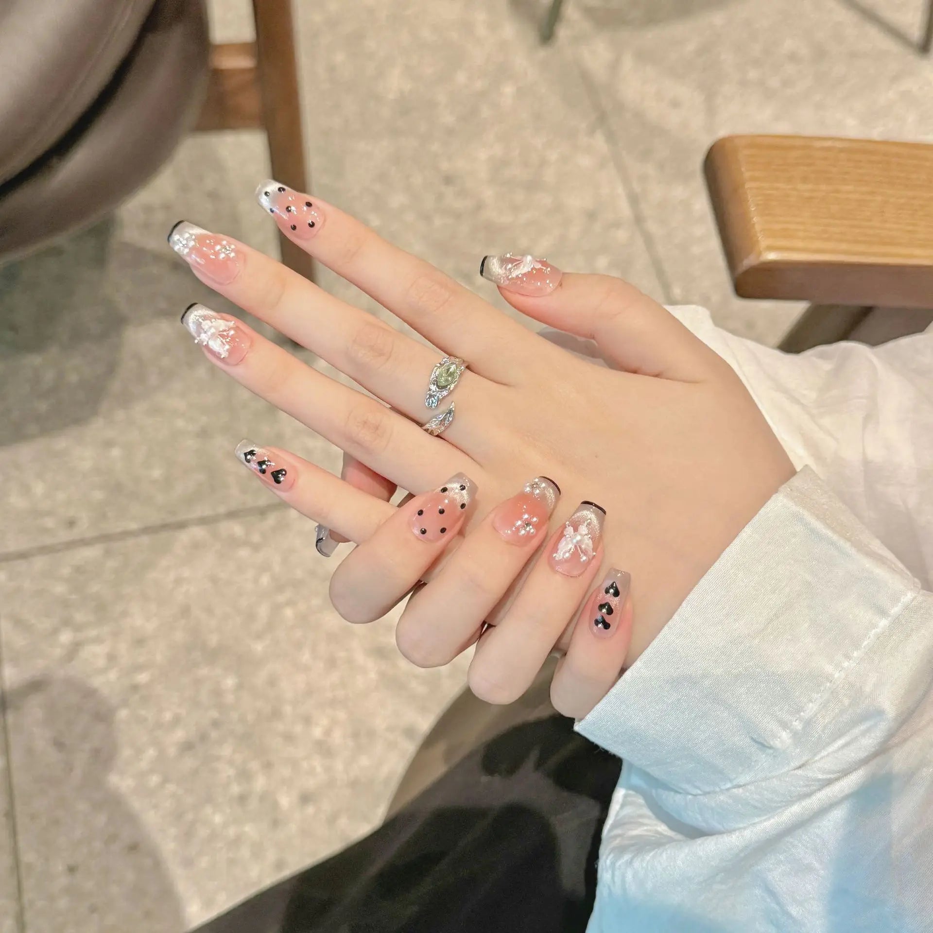 Handmade Press on Nails Fairy White Butterfly Decor Fake Nails Wearable Full Cover Sweet Blush Short French Cat Eye False Nails Peaceful Pleasures Health and Wellness