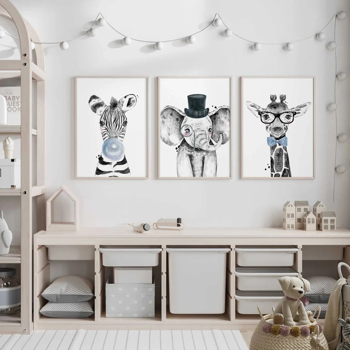 3-Piece Cartoon Safari Animals Canvas Wall Art | Kids Room Decor