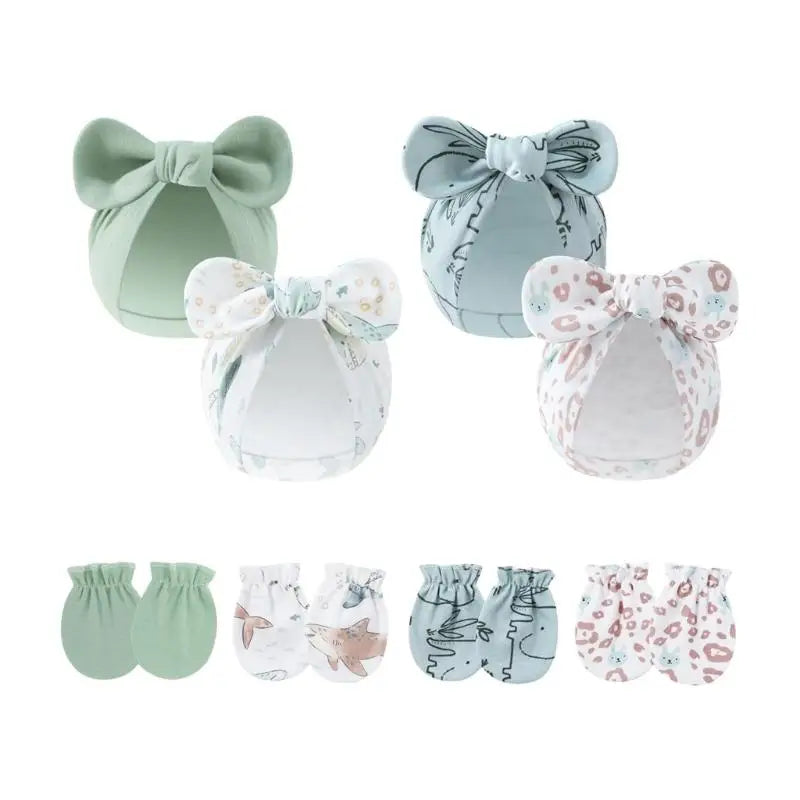 Baby Cotton Bonnet Hat & Scratch Mittens 4-Set | 0–6 Months Baby Hat & Mittens Set Peaceful Pleasures Health and Wellness SETG China Mainland