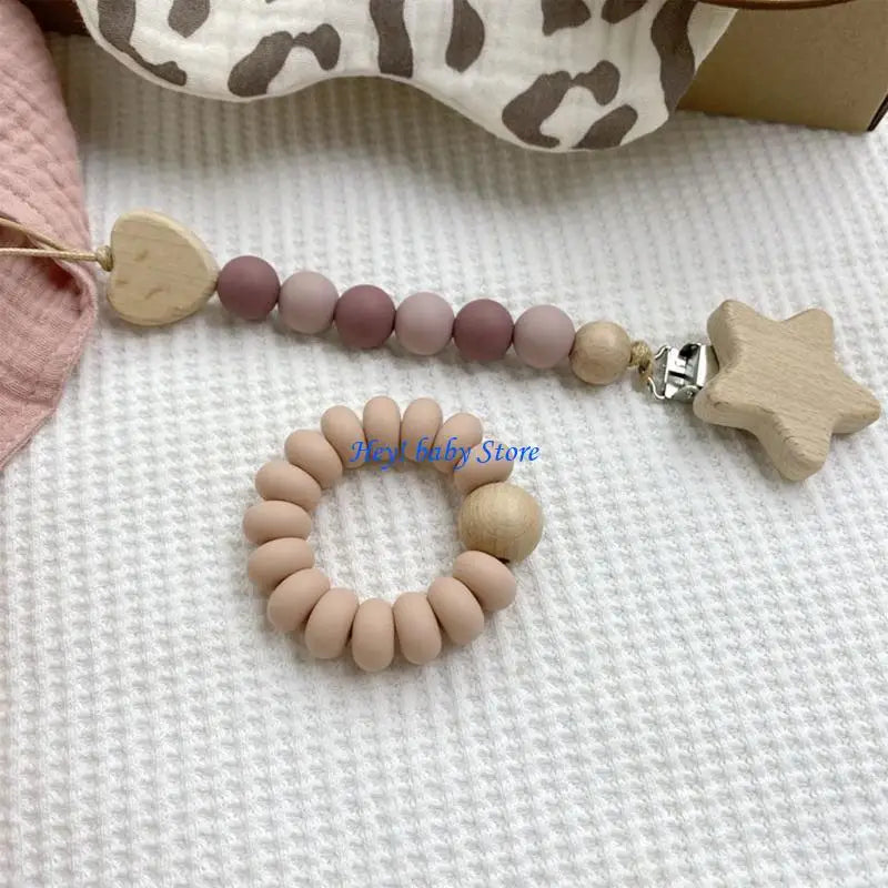 Baby Bath Toy Set – Wooden Rattle Bracelet & Silicone Teether