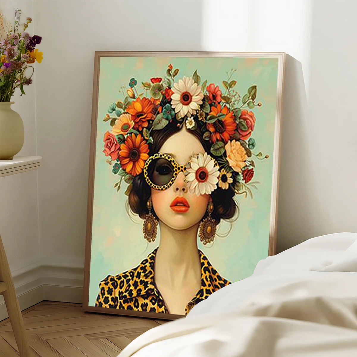 Nordic Scandinavian Style Glasses Woman with Flowers Birds Wall Art Canvas Painting Portrait Poster Prints for Modern Home Decor Peaceful Pleasures Health and Wellness