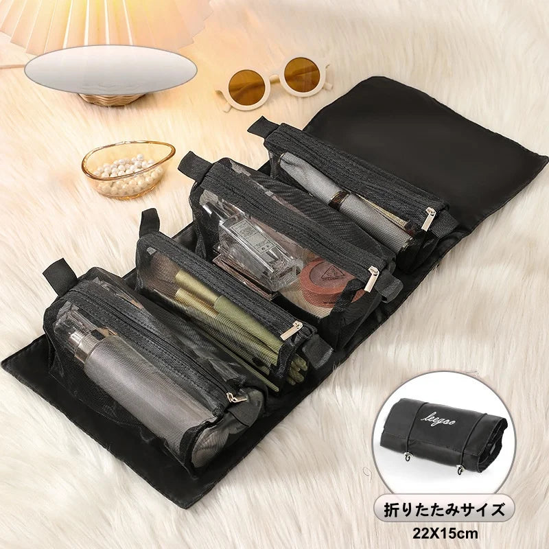 Large capacity makeup storage bag with 4 detachable compartments and foldable hanging makeup bag with hanging ring Peaceful Pleasures Health and Wellness Black
