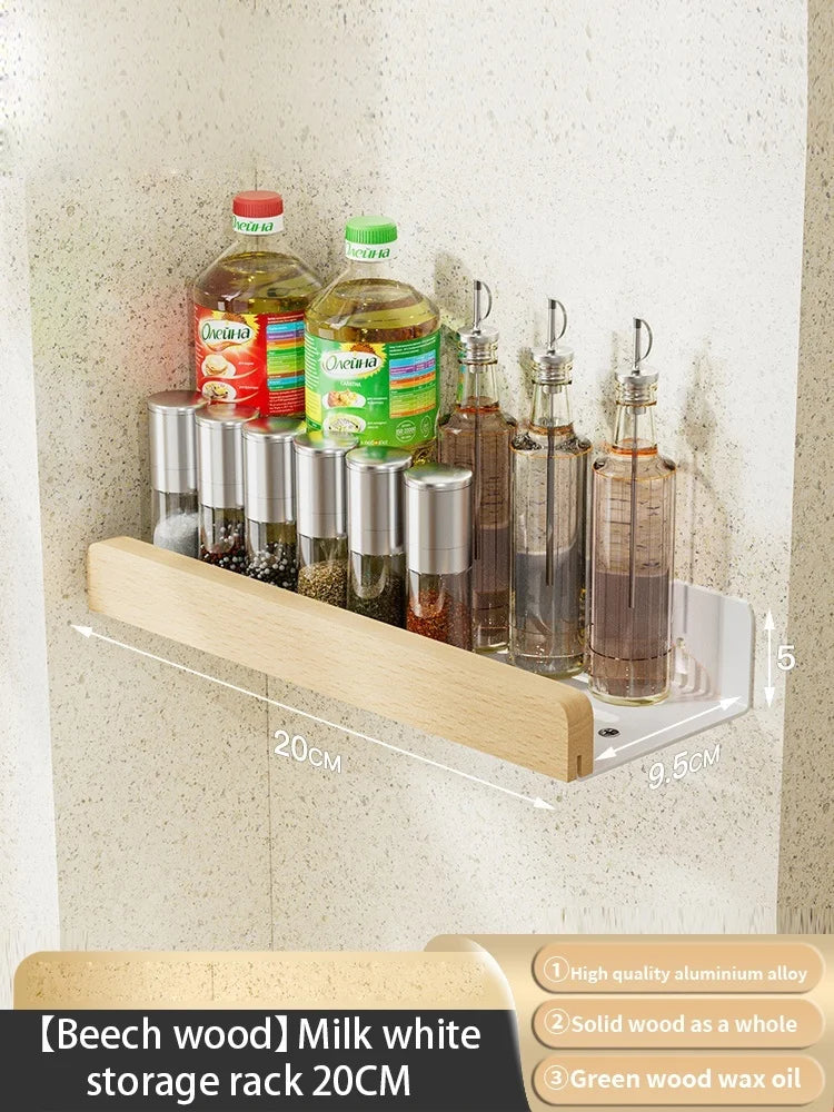 Wall-Mounted Wood & Aluminum Spice Rack with Hooks | Kitchen Organizer