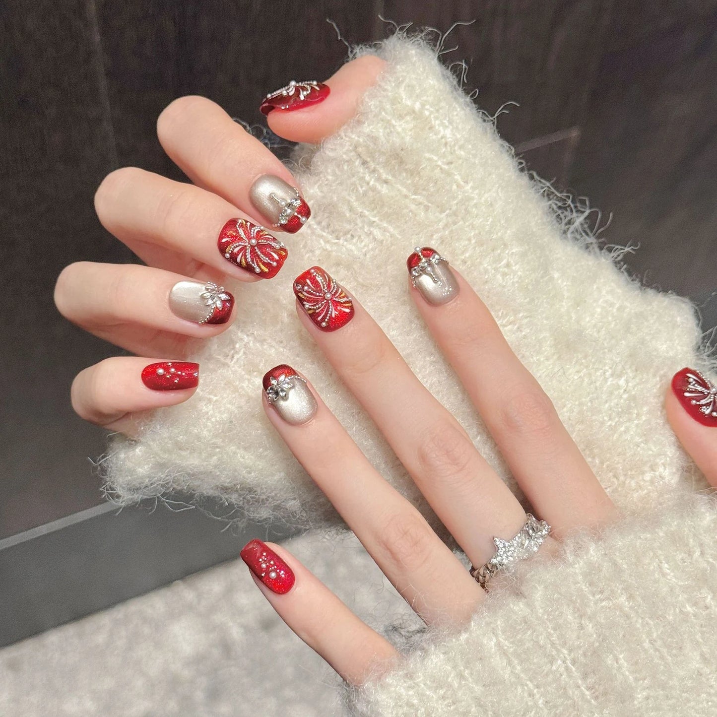 Handmade Press On Nails | Fireworks Diamond Cat Eye French Set