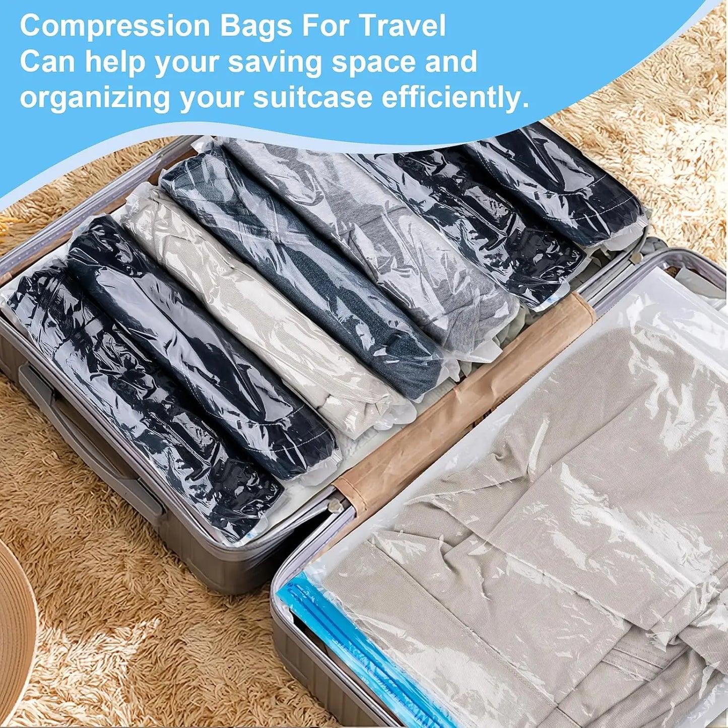 10-Pack Travel Compression Bags – 3 Sizes, No Pump, Space Saver Peaceful Pleasures Health and Wellness