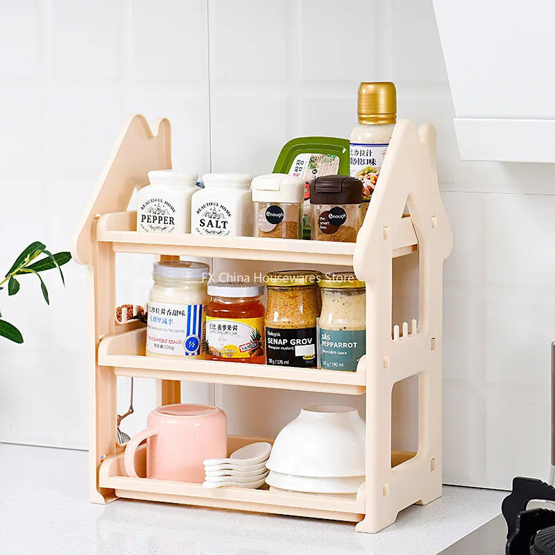 Small House Style 2/3 Layer Kitchen Spice Rack Organizer Plastic Condiment Bottle Shelf for Counter/Bathroom/Desktop Peaceful Pleasures Health and Wellness