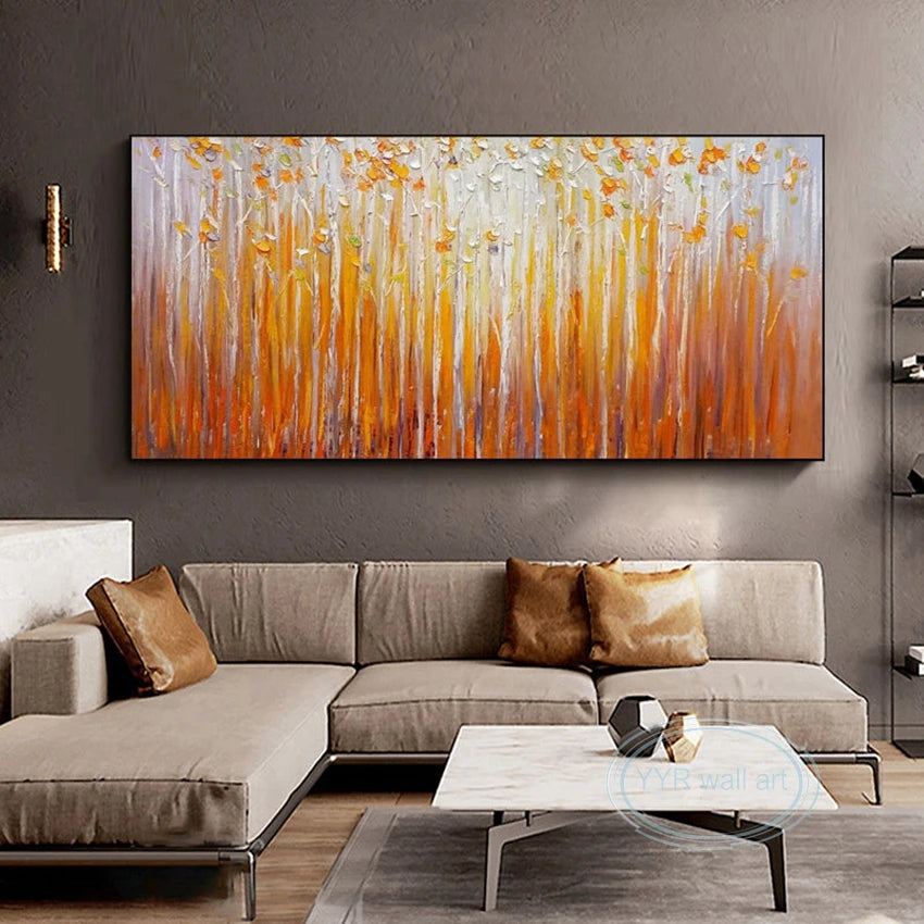 Hand Painted Orange Fortune Trees Canvas Oil Painting Abstract Art Decor Poster Living Room Sofa Salon Bedroom Restaurant Mural Peaceful Pleasures Health and Wellness
