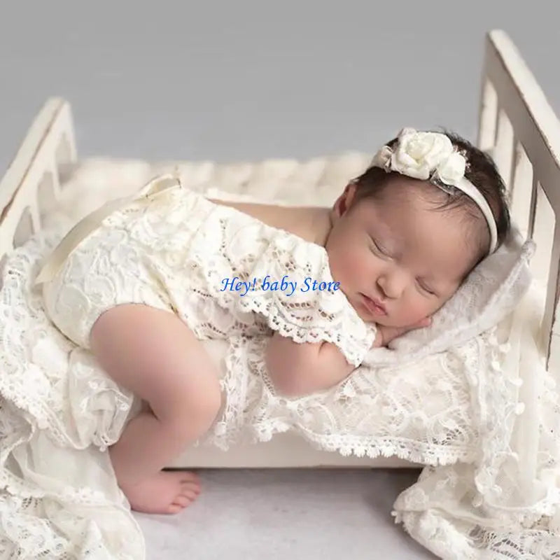 Newborn Photography Props – Lace Romper & Headband Bow 0-1M