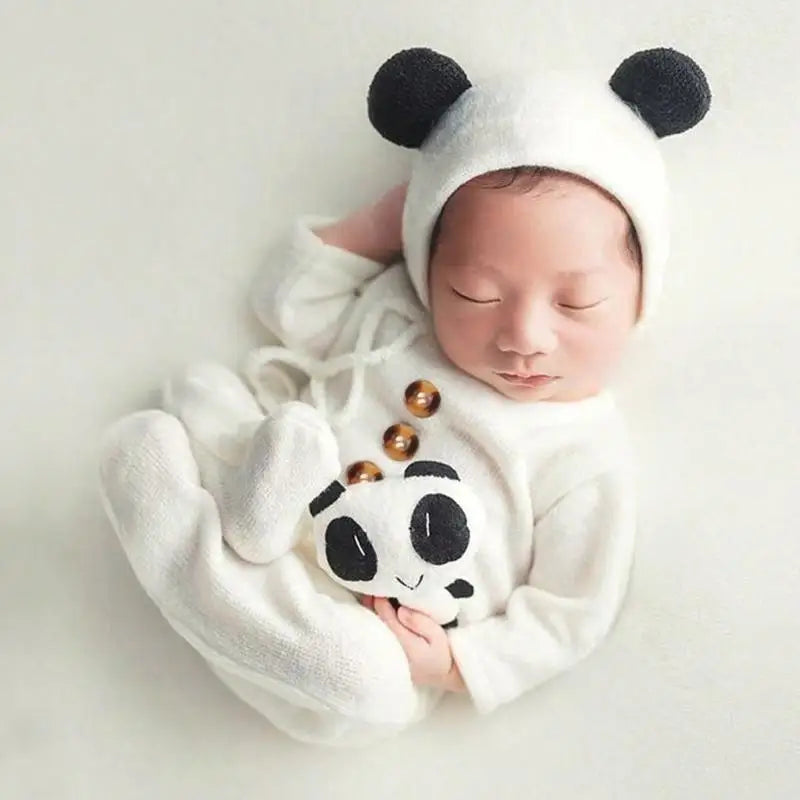 Newborn Knitted Romper Photography Set with Hat & Doll Prop
