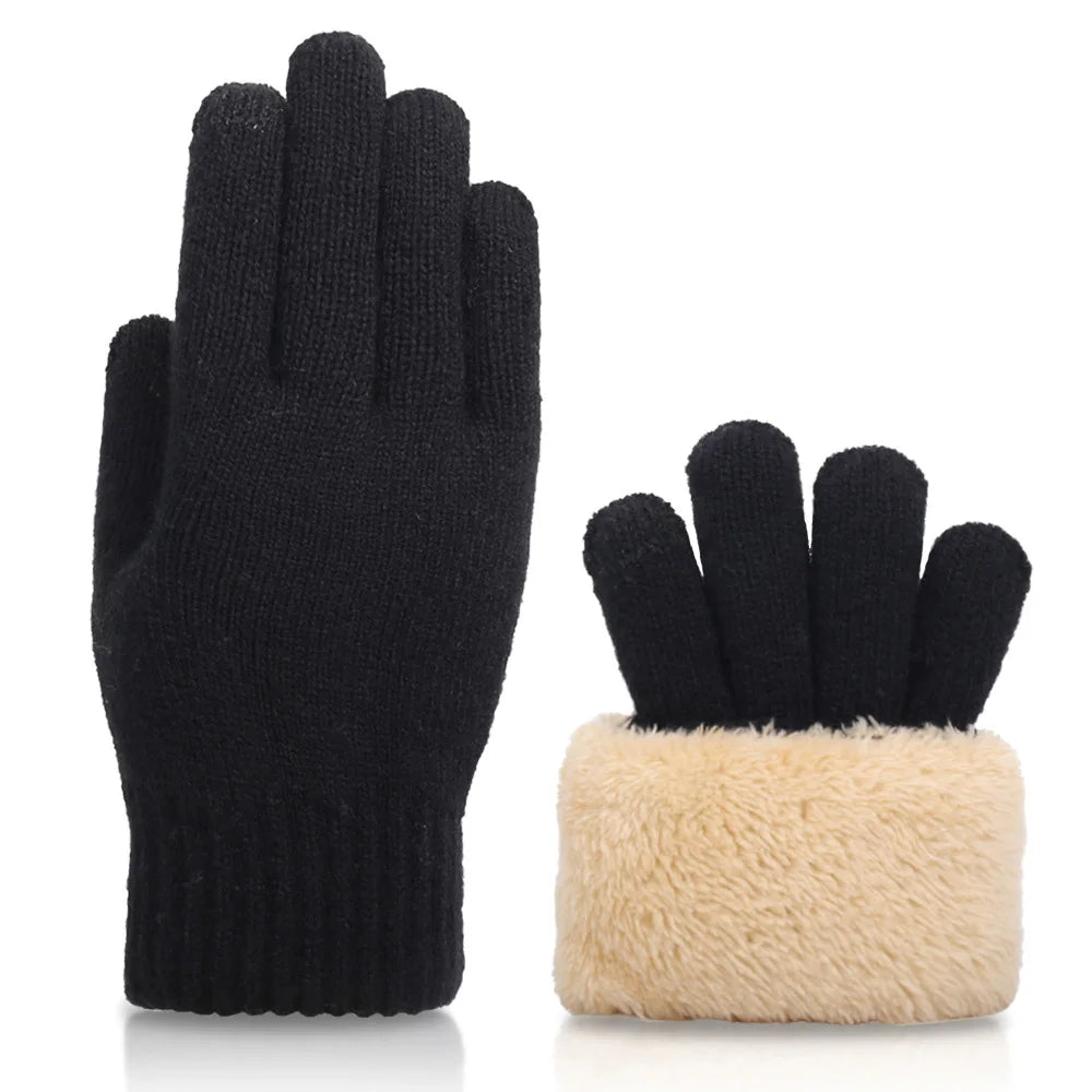 1pair Men Black Winter Double Layer Plus Velvet Thickened Knitted Gloves, Outdoor Touch Screen Warm Full Finger Gloves Peaceful Pleasures Health and Wellness Black One Size
