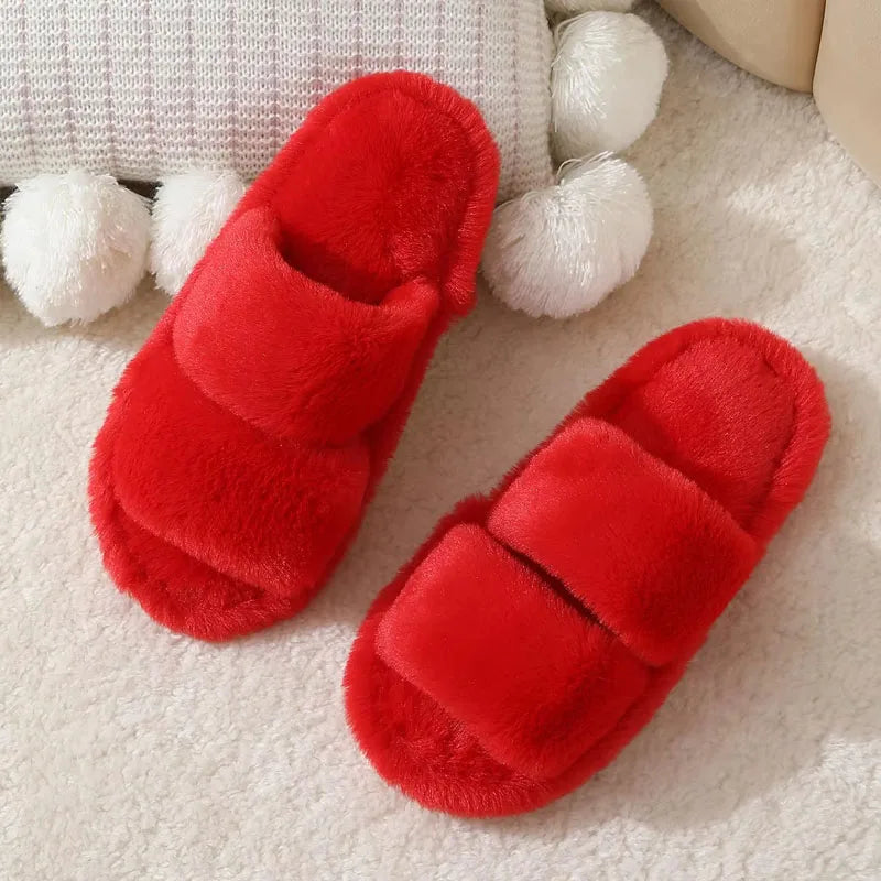 Women's Fluffy Fur Slippers | Open Toe Non-Slip House Slides