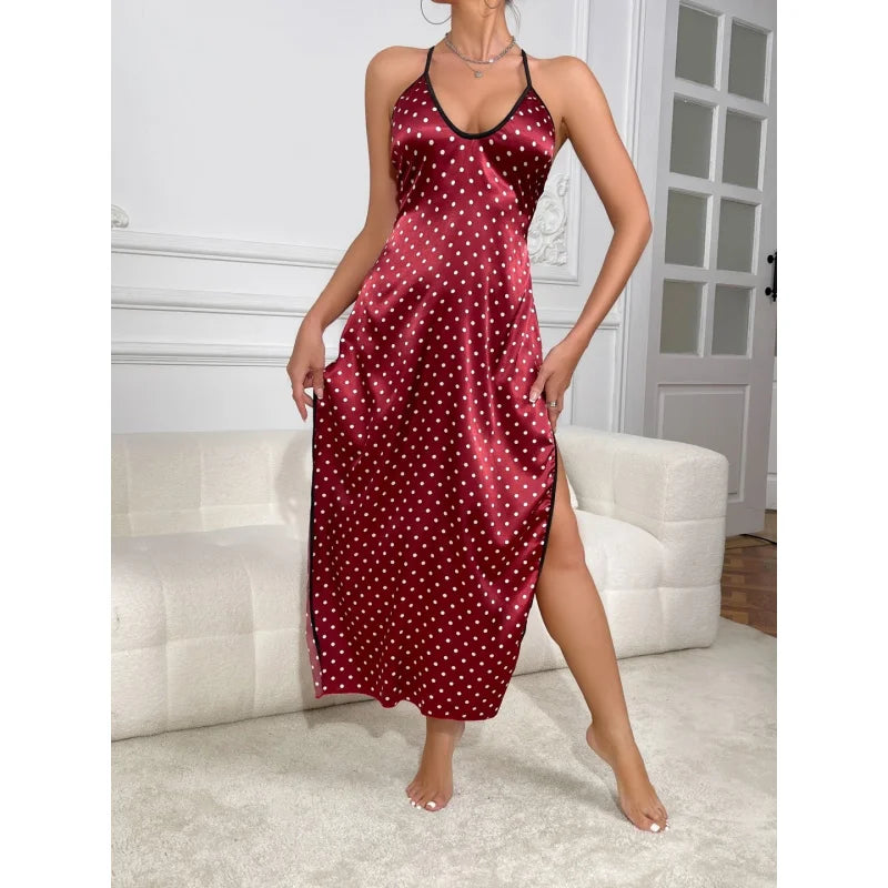 Women's Spotted Faux Silk Babydoll Dress & Lingerie Set