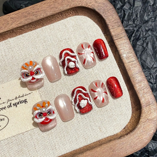 Lucky Red Lion Cat Eye Press On Nails – Short Full Cover Set Press On Nails Peaceful Pleasures Health and Wellness M