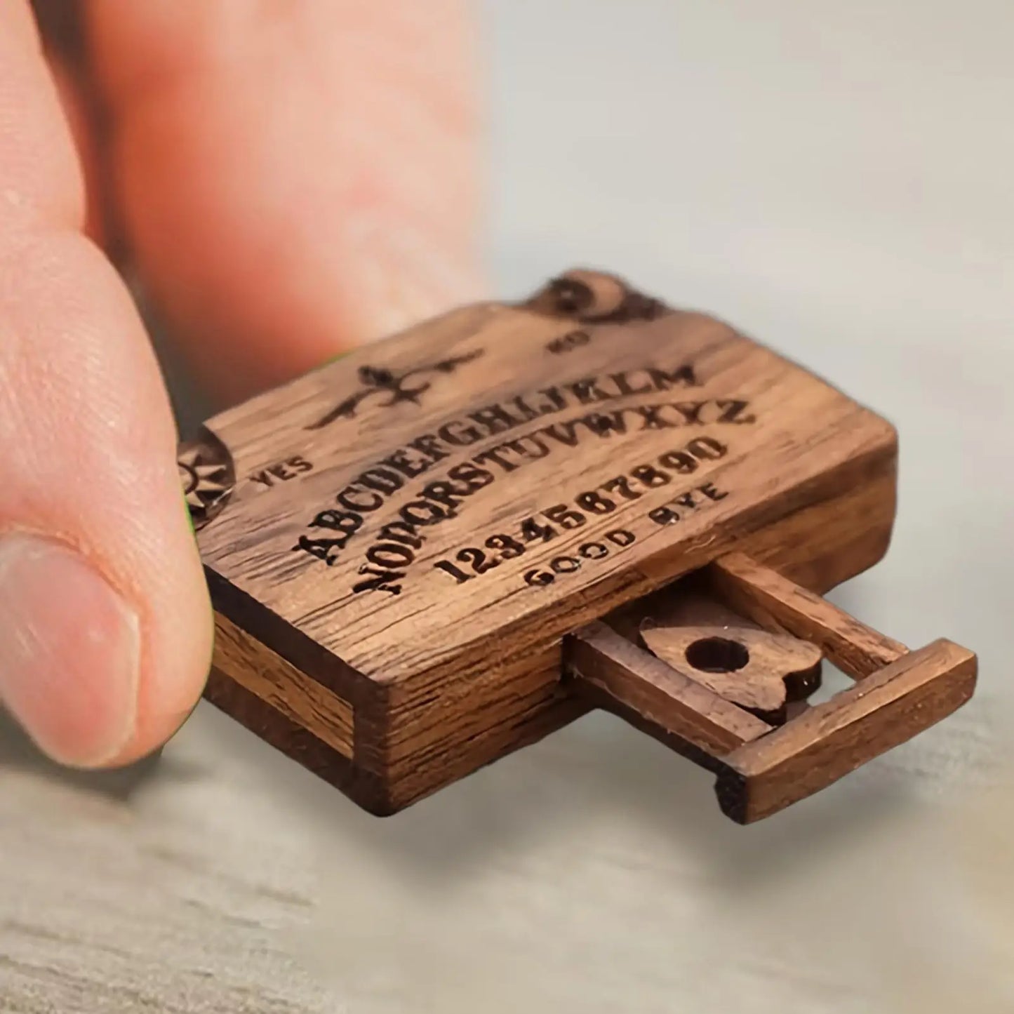 Retro Mini Wooden Ouija Spirit Board with Planchette & Drawer Decorative Spirit Board Peaceful Pleasures Health and Wellness