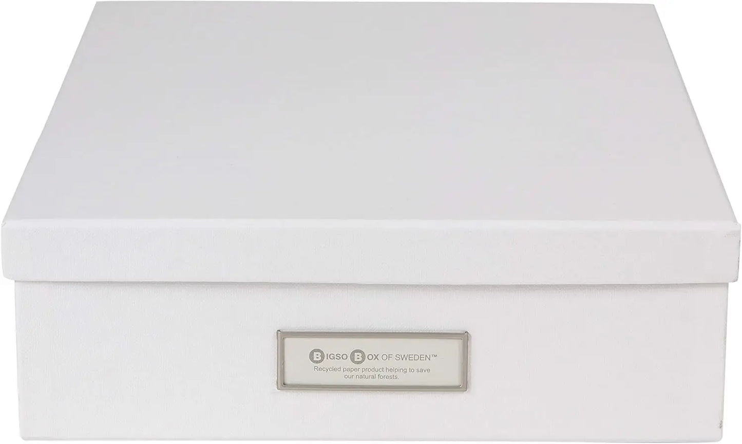 White storage box with a visible brand label on a white background