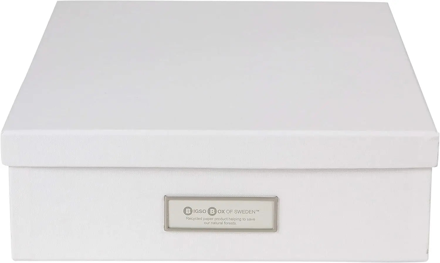 White storage box with a visible brand label on a white background