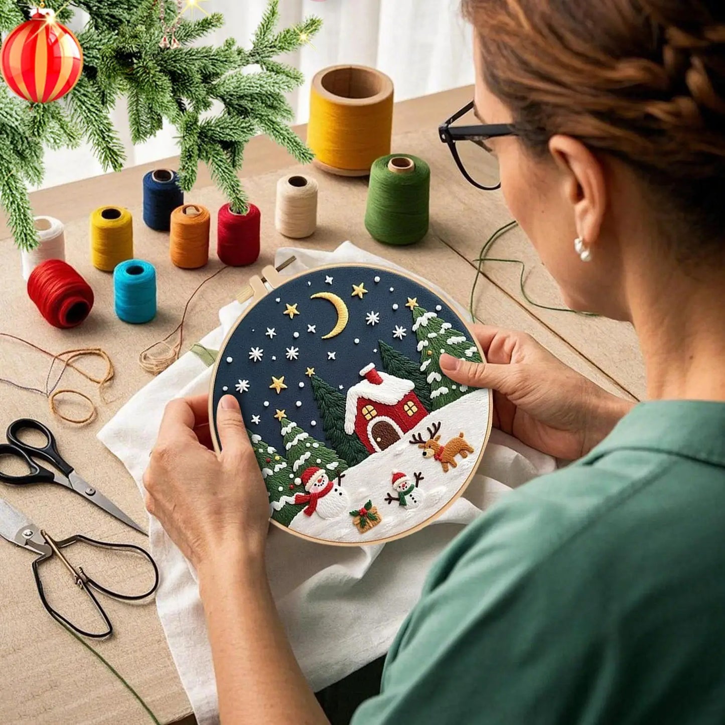 Christmas Embroidery Kit for Adults | Beginner Stamped Ornament Set