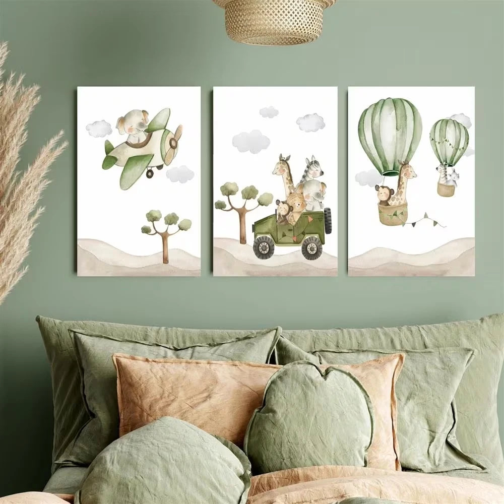 3-Piece Cartoon Animals Hot Air Balloon Canvas Wall Art Set