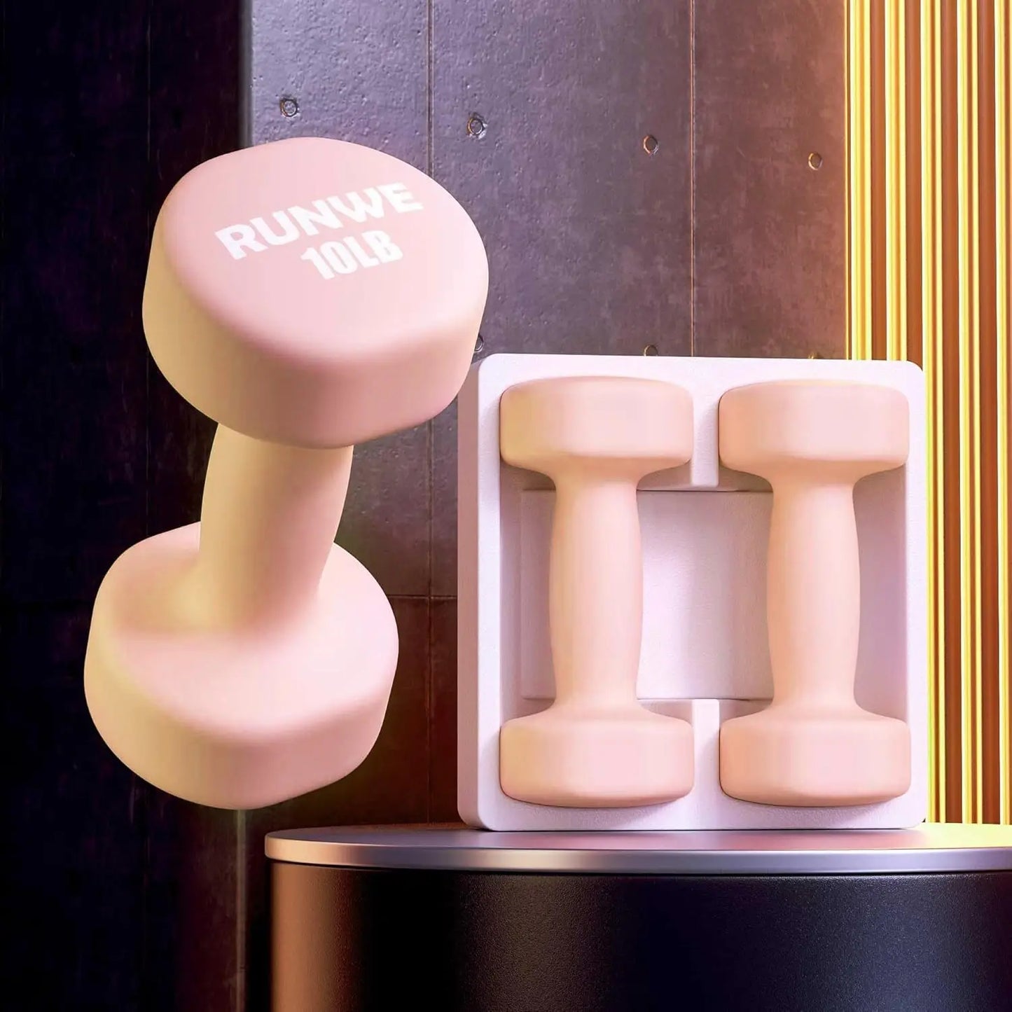 Pink dumbbells with 'RUNWE 10LB' branding on a dark background