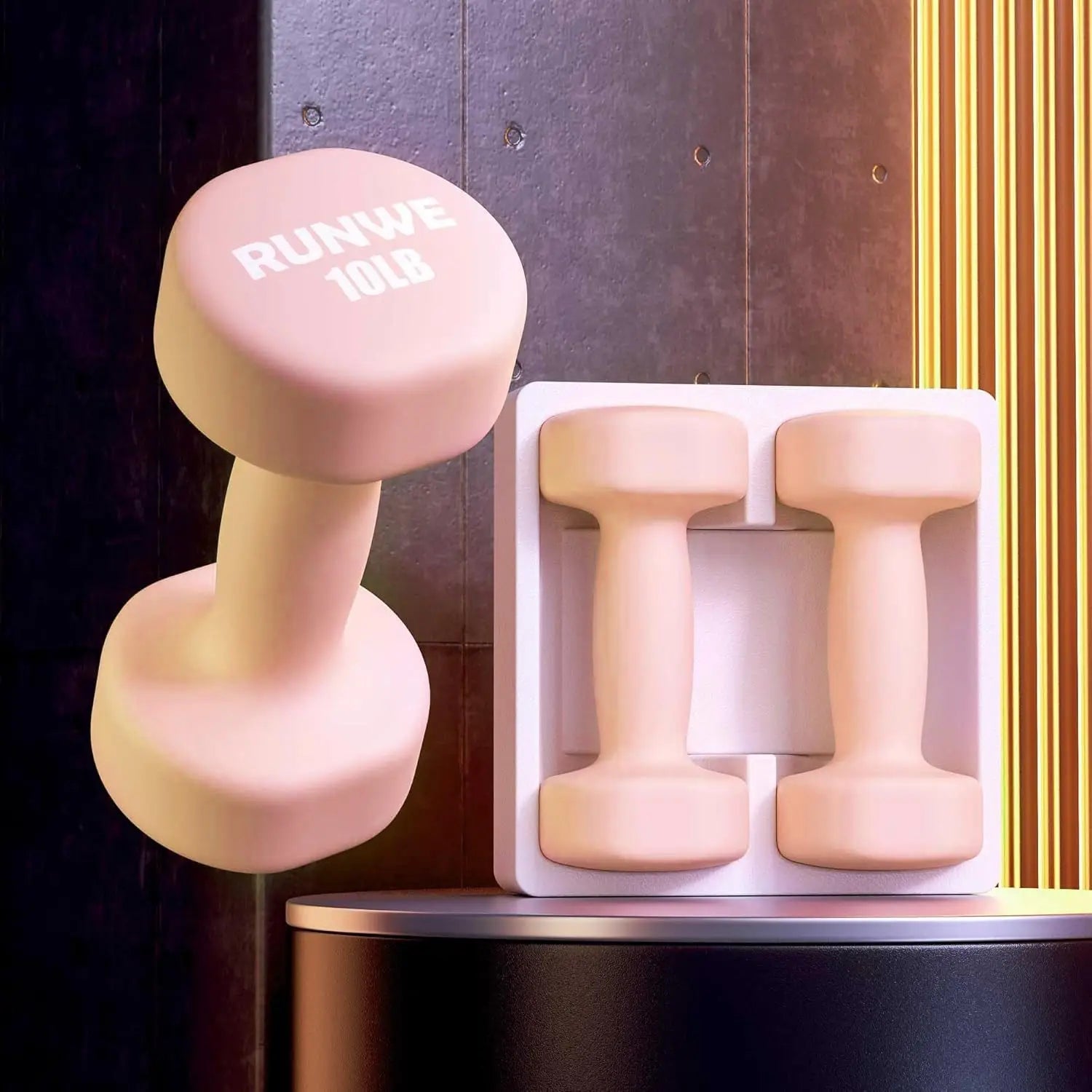 Pink dumbbells with 'RUNWE 10LB' branding on a dark background