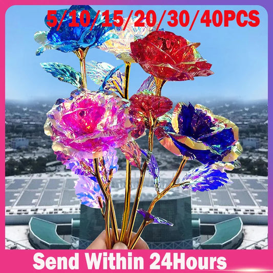 5pcs Colorful Luminous Rose Artificial Led Light Flower Gold Foil Rose Rainbow Simulation Bouquet Without Gift Colgifts For Girl Peaceful Pleasures Health and Wellness