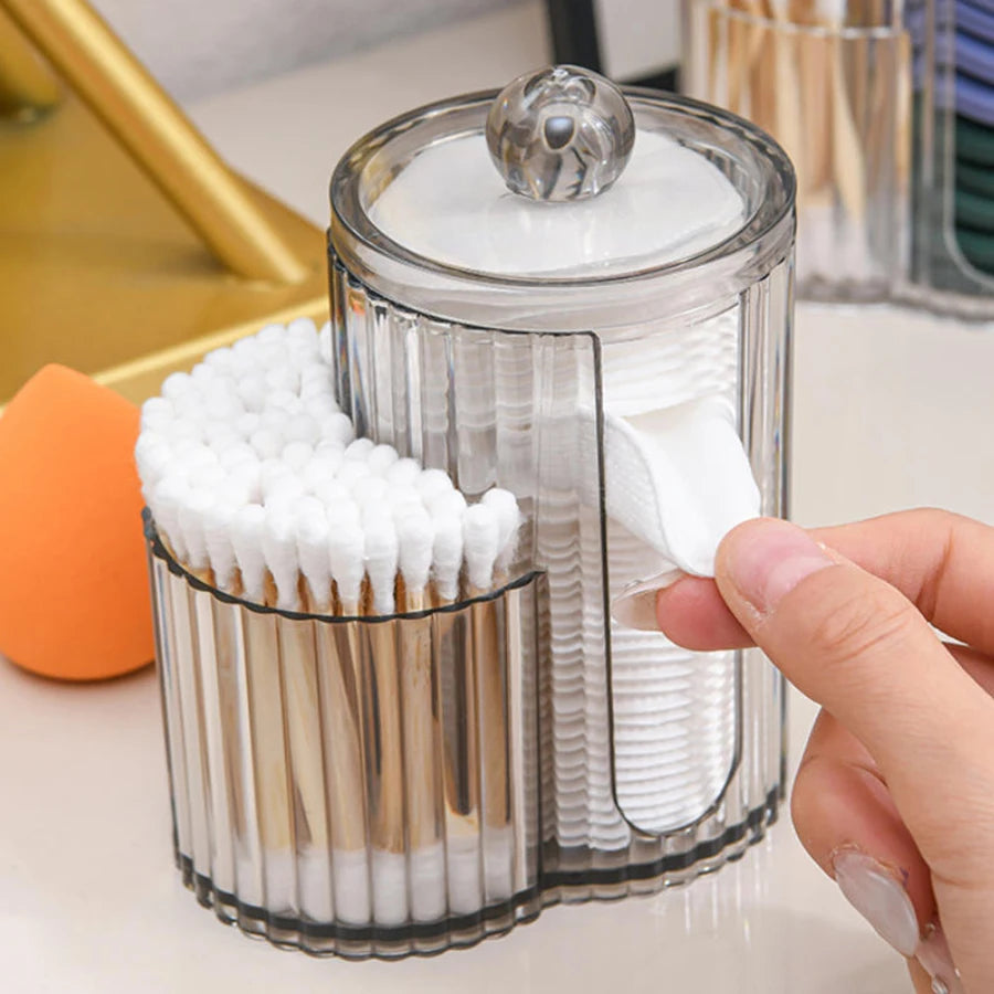 2-Grid Q-tip & Cotton Ball Dispenser Canister – Plastic Vanity Organizer for Cotton Swabs, Rounds & Pads