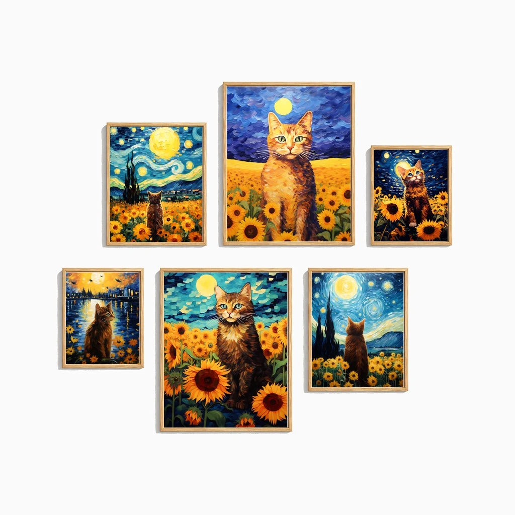 Nordic Wall Art Cat Sunflowers Wall Art Van Gogh Style Canvas Painting Modern Style Poster Prints Bedroom Living Room Wall Decor Peaceful Pleasures Health and Wellness