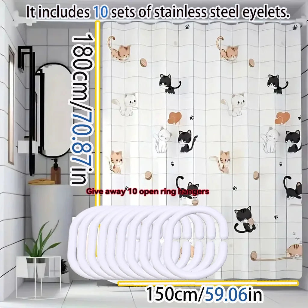Cartoon Cat PEVA Shower Curtain – Waterproof, Easy to Clean