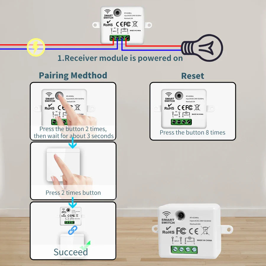 433MHz Wireless Wall Switch 1/2/3 Gang + RF Remote 110V/220V