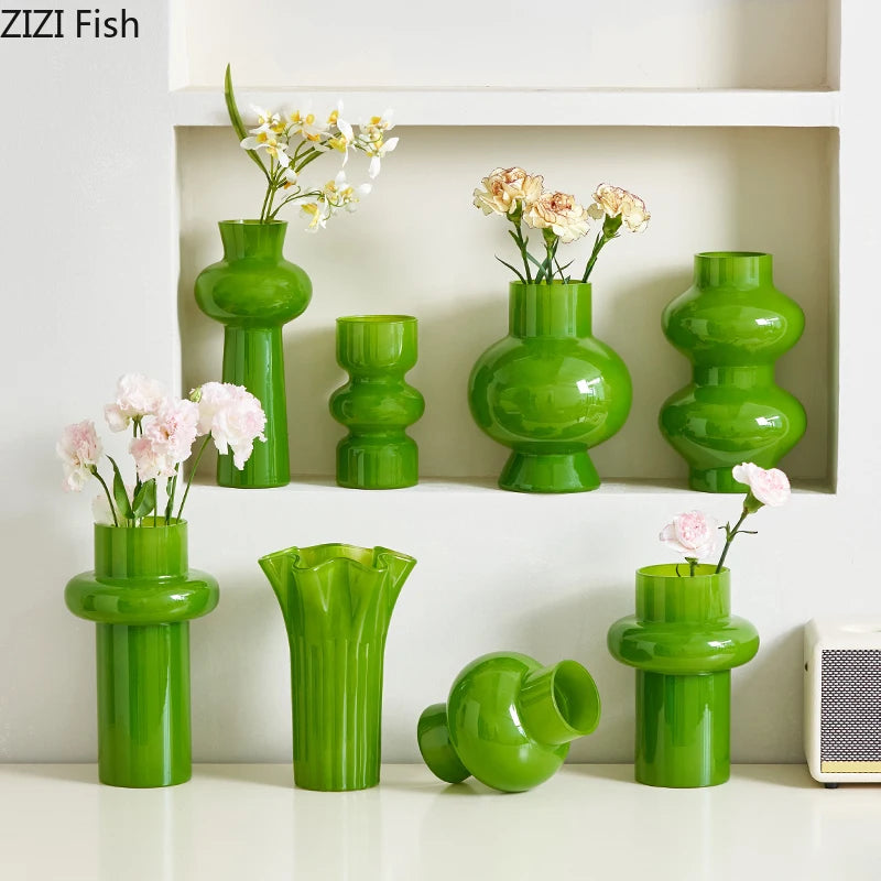 Green Glass Vase | Hydroponics Plant Pot & Floral Decor