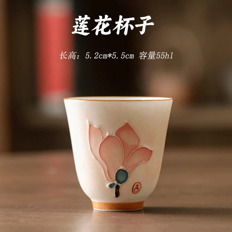 Hand-Painted Lotus Ceramic Teacup | 55ml Porcelain Tea Cup Ceramic Teacup Peaceful Pleasures Health and Wellness <200ml Lotus