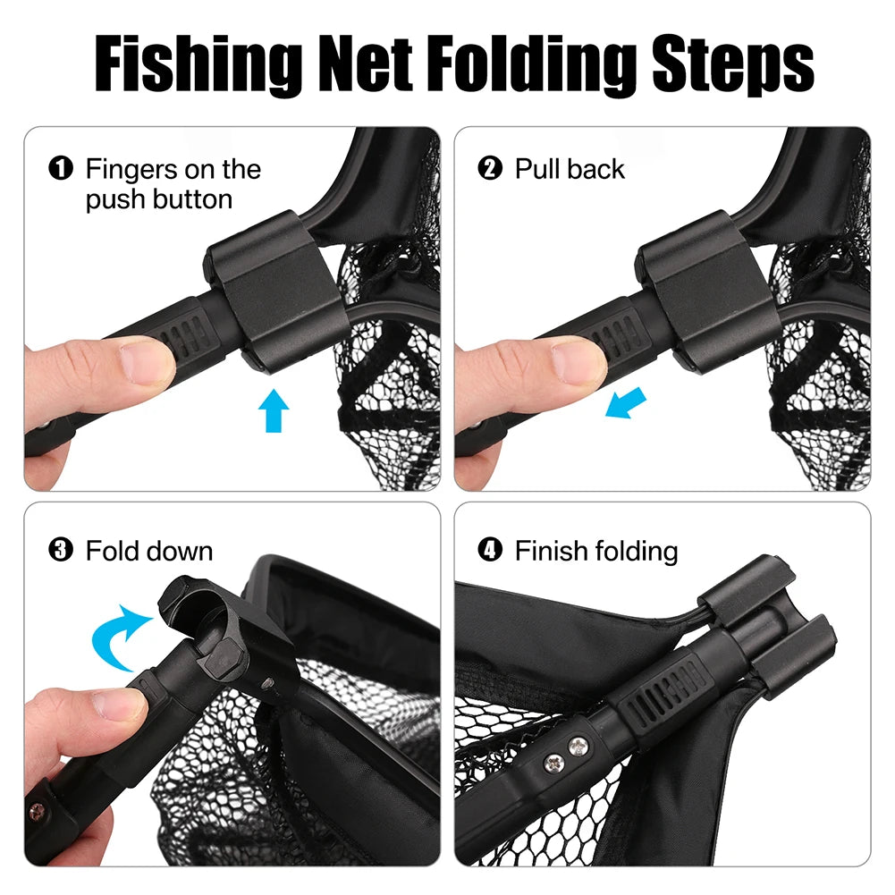 Folding Fishing Landing Net with Aluminum Telescoping Pole Handle Nylon Mesh Hoop 55cm 80cm 100cm Extend for Kids Adults Peaceful Pleasures Health and Wellness