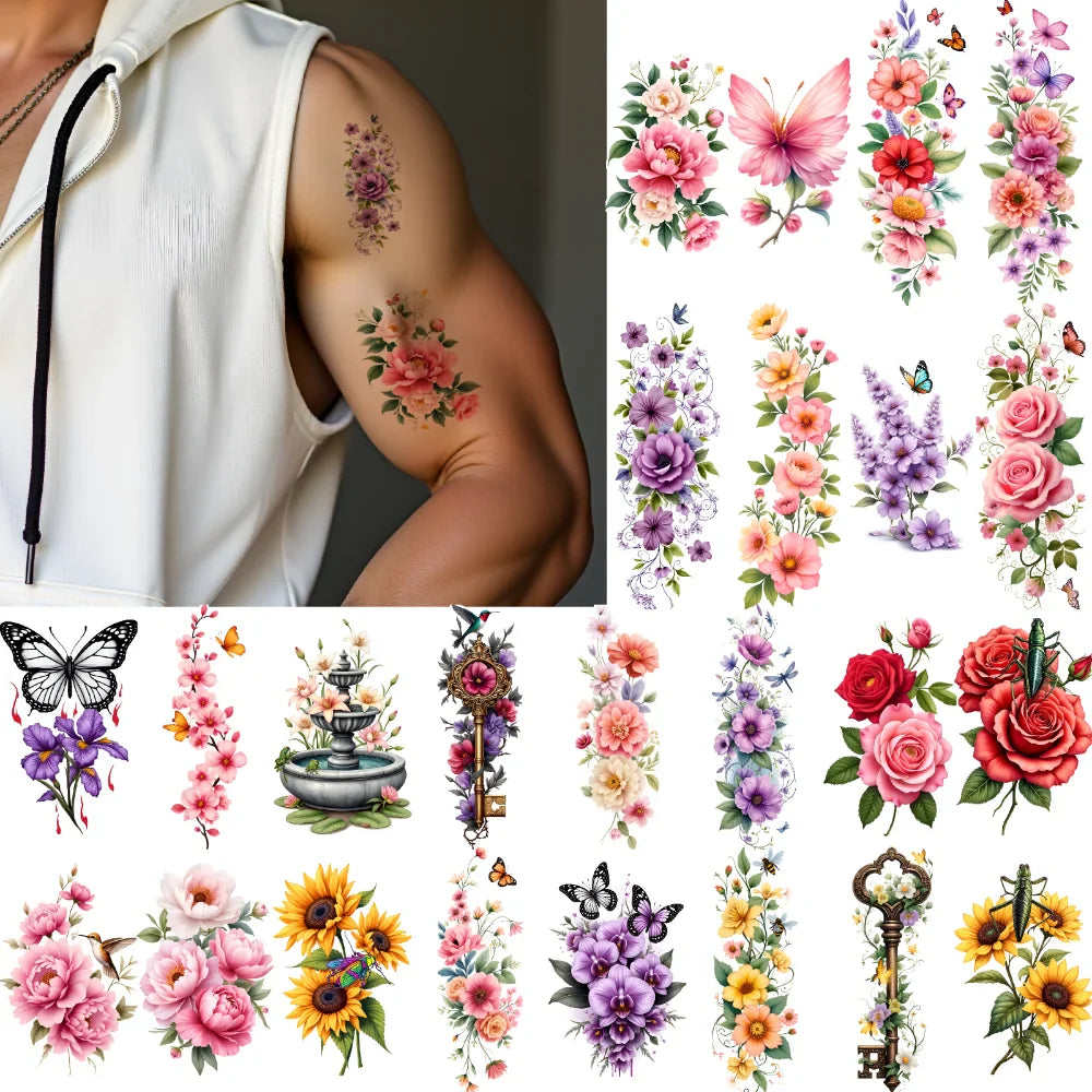 9-Piece Temporary Tattoo Stickers – Butterfly, Floral & Key