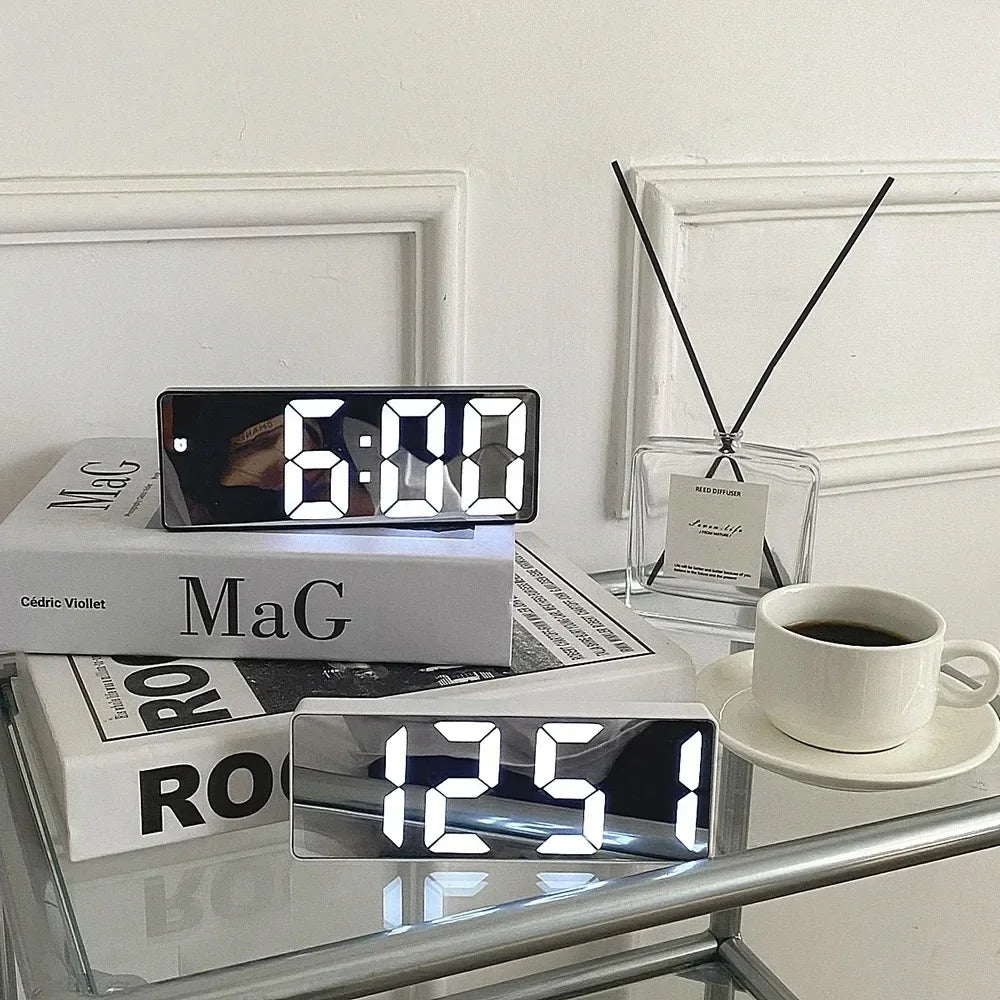 LED Digital Alarm Clock – Curved Mirror Screen & Temperature