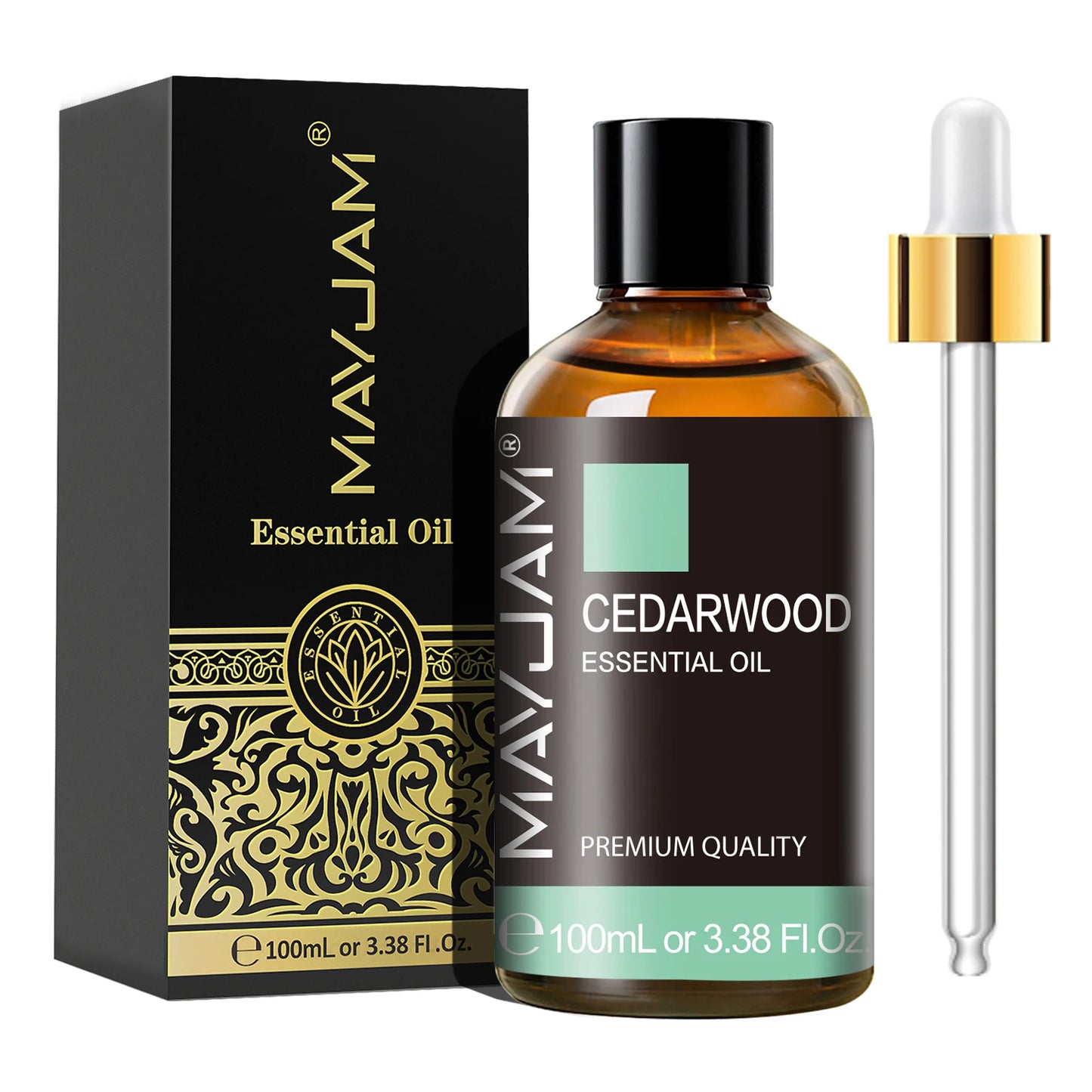 MayJam Cedarwood essential oil bottle with packaging on a white background