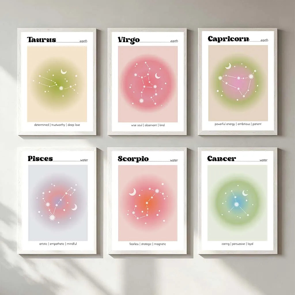 12 Zodiac Constellation Canvas Wall Art | Aura Gradient Poster