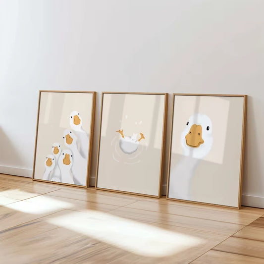 3-Piece Cute Duck Canvas Wall Art | Beige Cartoon Poster Set Canvas Wall Art Peaceful Pleasures Health and Wellness G4540-3pcs 30x40cm Unframed